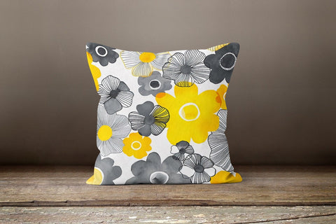 Yellow Gray Floral Pillow Cover|Summer Trend Cushion Case|Decorative Throw Pillow Top|Boho Bedding Decor|Housewarming Pillow with Flowers