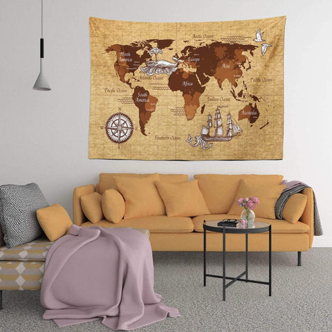 Old World Map Fabric Wall Tapestry|Old World Map Wall Hanging Art|Vintage Ancient World Map Fabric Wall Art|Boho Style Oceans Fabric Decor