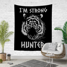 Tiger Fabric Wall Tapestry|I&#39;m Strong Hunter Wall Hanging Art|Black and White Abstract Tiger Fabric Wall Art|Boho Style Tribal Fabric Decor