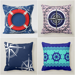 Nautical Pillow Case|Navy Marine Pillow Cover|Decorative Nautical Cushions|Anchor Throw Pillow|Red Life Saver Beach House Decor|Navy Compass