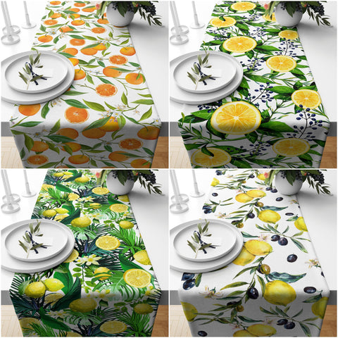 Lemon Table Runner|High Quality Floral Lemon Table Decor|Mandarin Tablecloth|Fresh Citrus Decor|Yellow Lemon with Green Leaves|Summer Trend