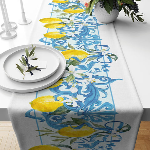 Lemon Table Runner|High Quality Floral Lemon and Olive Table Decor|Summer Trend Tablecloth|Fresh Citrus Decor|Yellow Lemon with Tile Pattern