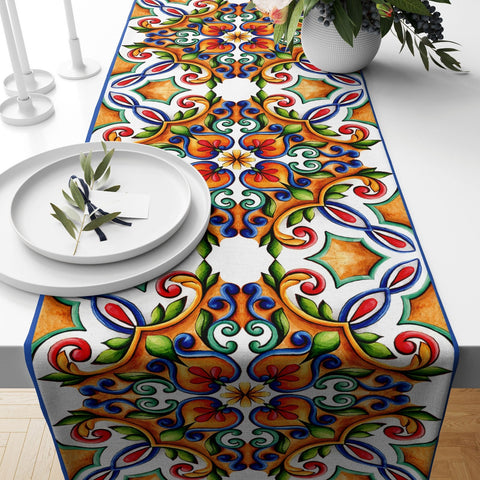 Tile Pattern Table Runner|Rug Design Table Decor|Decorative Tabletop|Rustic Home Decor|Farmhouse Style Decor|Summer Trend Southwestern Decor
