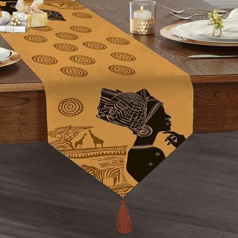 African Girl Table Runner|High Quality Triangle Chenille Authentic Table Runner|African Design Table Decor|Rustic Home Decor|Tasseled Runner