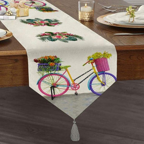 Bike and Flower Table Runner|High Quality Triangle Chenille Table Runner|Decorative Table Runner|Summer Trend Kitchen Decor|Tasseled Runner