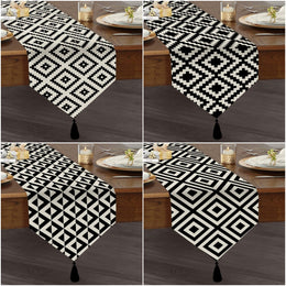 Black & White Geometric Table Runner|High Quality Triangle Dining Table Runner|Decorative Tabletop|Psychedelic Home Decor|Tasseled Runner
