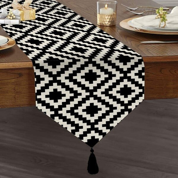 Black & White Geometric Table Runner|High Quality Triangle Dining Table Runner|Decorative Tabletop|Psychedelic Home Decor|Tasseled Runner