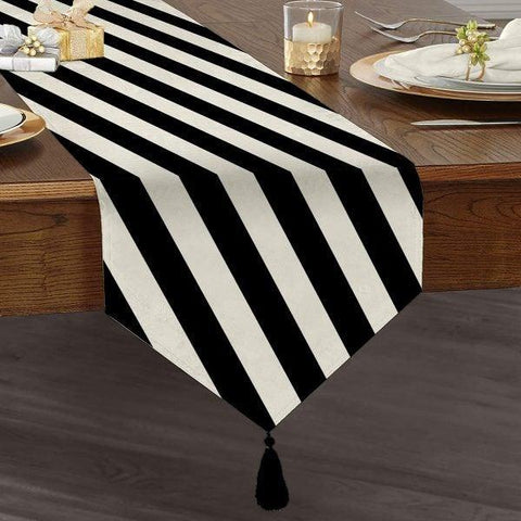 Black & White Geometric Table Runner|High Quality Triangle Chenille Table Runner|Decorative Tabletop|BW Striped Home Decor|Tasseled Runner
