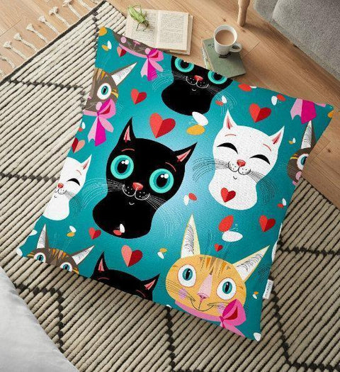 Cute Cats Floor Pillow Cover|Floor Cushion Case|Cat Family Pillow Case|Floor Cushion Cover|Digital Print Floor Cushion|Cat Love Pillow Case