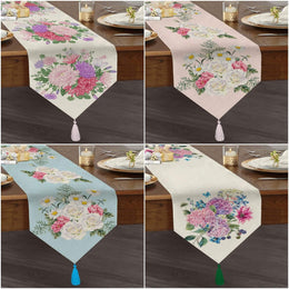 Floral Table Runner | High Quality Triangle Chenille Table Runner|Summer Trend Tabletop|Farmhouse Table|Heartwarming Flowers Tasseled Runner