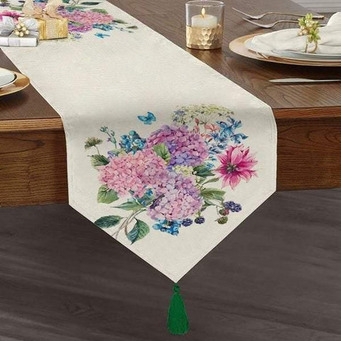 Floral Table Runner | High Quality Triangle Chenille Table Runner|Summer Trend Tabletop|Farmhouse Table|Heartwarming Flowers Tasseled Runner