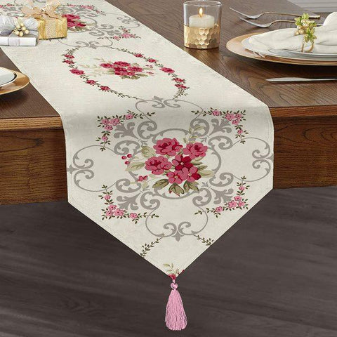 Floral Table Runner|High Quality Triangle Chenille Table Runner |Summer Trends Tabletop|Farmhouse Table|Heartwarming Flowers Tasseled Runner