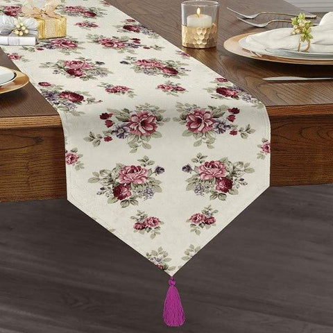Floral Table Runner|High Quality Triangle Chenille Table Runner | Summer Trend Tabletop|Farmhouse Table|Heartwarming Flowers Tasseled Runner