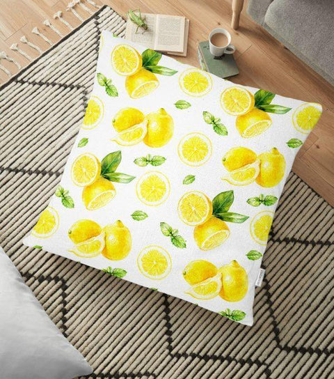 Lemon Floor Pillow Cover|Floral Lemon Cushion Case|Decorative Cushion Case|Yellow Lemon Home Decor|Housewarming Farmhouse Style Lemon Pillow