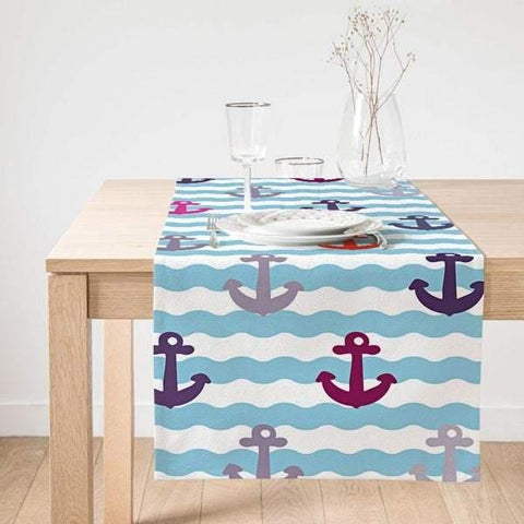 Nautical Table Runner|Navy Anchor Table Cover|Decorative Nautical Tabletop|Wheel Home Decor|Outdoor Beach House Decor|Nautical Objects Decor
