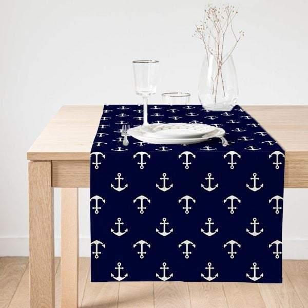 Nautical Table Runner|Navy Anchor Table Cover|Decorative Nautical Tabletop|Wheel Home Decor|Outdoor Beach House Decor|Navy Anchor and Wheel