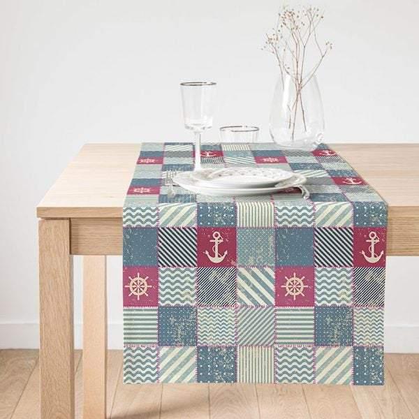 Nautical Table Runner|Navy Anchor Table Cover|Decorative Nautical Tabletop|Wheel Home Decor|Outdoor Beach House Decor|Navy Anchor and Wheel