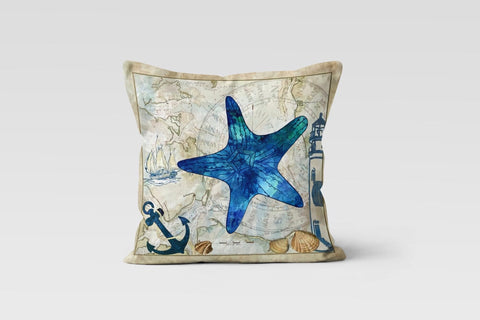 Coastal Throw Pillow|Navy Blue Marine Pillow Cover|Decorative Summer Trend Cushion|Nautical Pillow Top|Starfish Home Decor|Beach House Decor