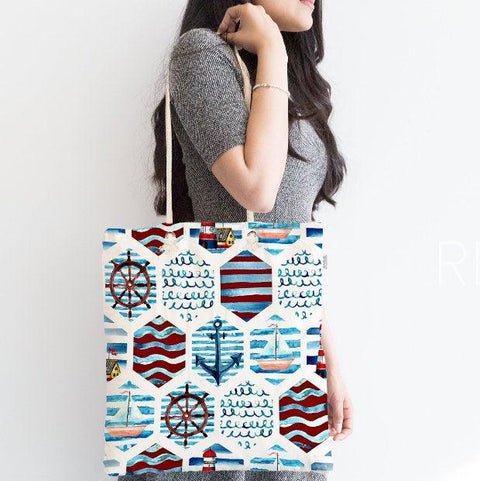 Nautical Shoulder Bag|Navy Anchor Fabric Handbag|Modern Style Wheel Handbag|Marine Beach Tote Bag|Digital Print Messenger Bag|Gift for Her