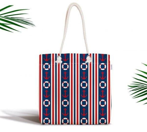 Nautical Shoulder Bag|Captain Fabric Handbag|Time to Travel Handbag|Marine Beach Tote Bag|Navy Anchor and Life Saver Bag with Stripes