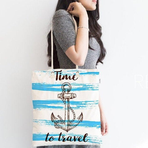 Nautical Shoulder Bag|Captain Fabric Handbag|Time to Travel Handbag|Marine Beach Tote Bag|Navy Anchor and Life Saver Bag with Stripes
