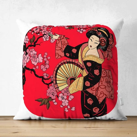 Japanese Girl Pillow Cover|Asian Design Cushion Case|Authentic Kimono Women Case|Far East Woman Decor|Traditional Geisha Fan Culture Cushion