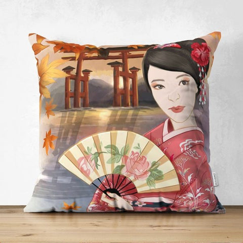 Japanese Girl Pillow Cover|Far East Women Decor|Asian Design Cushion Case|Authentic Kimono Woman Case|Traditional Geisha Fan Culture Cushion