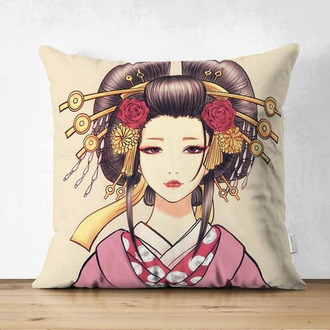 Japanese Girl Pillow Cover|Far East Women Decor|Asian Design Cushion Case|Authentic Kimono Woman Case|Traditional Geisha Fan Culture Cushion