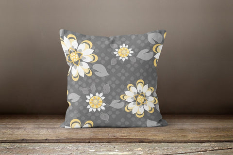 Yellow Gray Floral Pillow Cover|Summer Trend Cushion Case|Decorative Throw Pillow Top|Boho Bedding Decor|Housewarming Pillow with Flowers