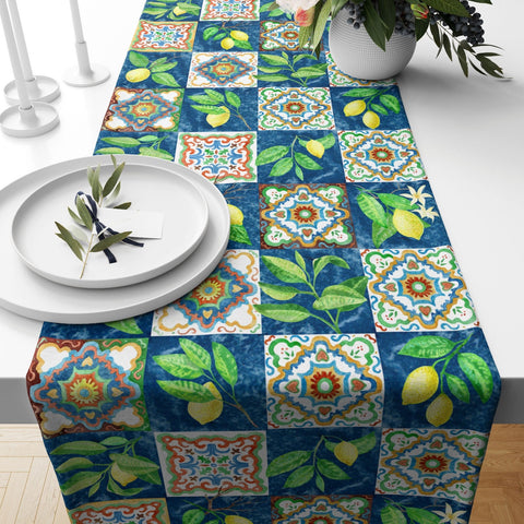 Lemon Table Runner|High Quality Floral Lemon and Olive Table Decor|Summer Trend Tablecloth|Fresh Citrus Decor|Yellow Lemon with Tile Pattern