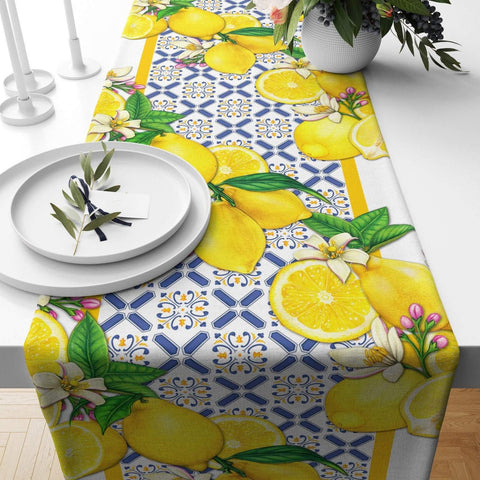 Lemon Table Runner|High Quality Floral Lemons on Geometric Design Table Decor|Summer Trend Tablecloth|Fresh Citrus Decor|Yellow Lemon Decor