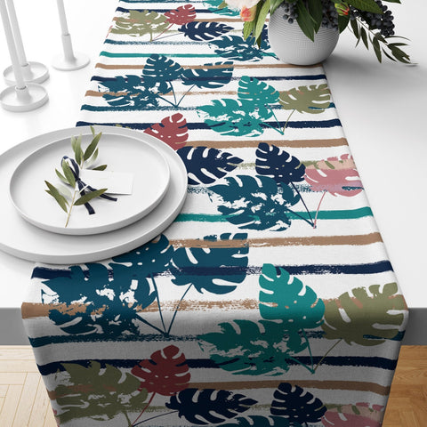 Floral Table Runner|Summer Trend Table Top|Checkered Floral Home Decor|Colorful Flowers, Leaves Tablecloth|Stripes and Leaves Table Runner