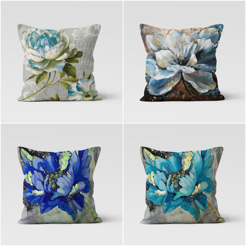 Floral Pillow Cover|Summer Trend Throw Pillow Case|Decorative Pillow Case|Blue and Turquoise Flowers Pillow|Housewarming Floral Cushion Case