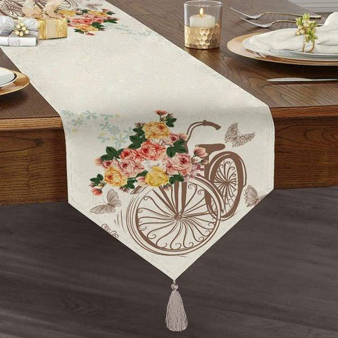 Bike and Flower Table Runner|High Quality Triangle Chenille Table Runner|Decorative Table Runner|Summer Trend Kitchen Decor|Tasseled Runner