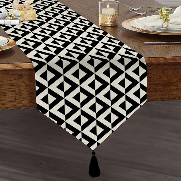 Black & White Geometric Table Runner|High Quality Triangle Dining Table Runner|Decorative Tabletop|Psychedelic Home Decor|Tasseled Runner
