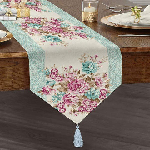 Floral Table Runner|High Quality Triangle Chenille Table Runner|Summer Trend Tabletop |Farmhouse Table|Heartwarming Flowers Tasseled Runner