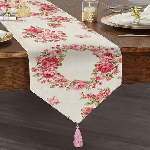 Floral Table Runner|High Quality Triangle Chenille Table Runner|Summer Trend Tabletop| Farmhouse Table|Heartwarming Flowers Tasseled Runner