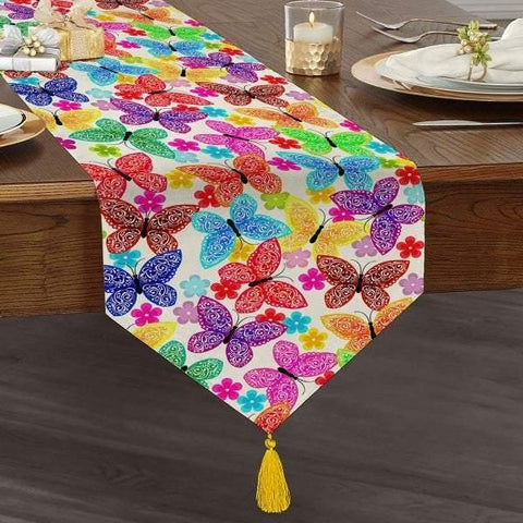 Butterfly Table Runner|High Quality Triangle Chenille Table Runner|Summer Trend Table|Farmhouse Table|Heartwarming Colorful Tasseled Runner