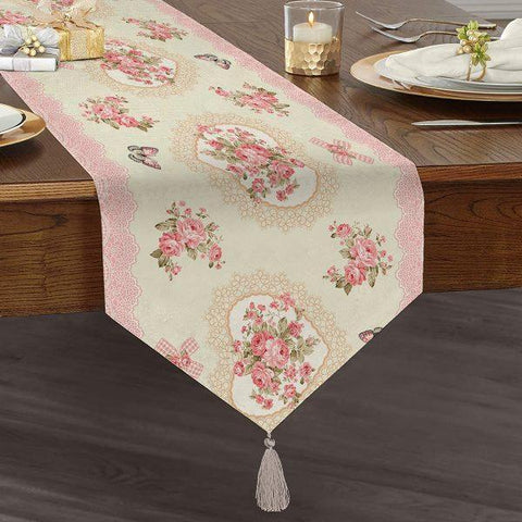 Floral Table Runner|High Quality Triangle Chenille Table Runner|Summer Trend Tabletops|Farmhouse Table|Heartwarming Flowers Tasseled Runners