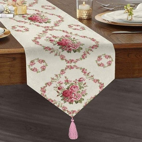 Floral Table Runner|High Quality Triangle Chenille Table Runner|Summer Trend Tabletop|Farmhouse Table|Pink Purple Flowers Tasseled Runner
