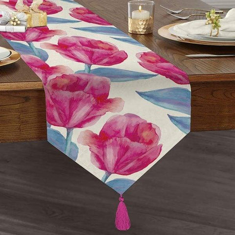 Floral Table Runner|High Quality Triangle Chenille Table Runner|Summer Trend Tabletop|Farmhouse Table|Pink and White Roses Tasseled Runner
