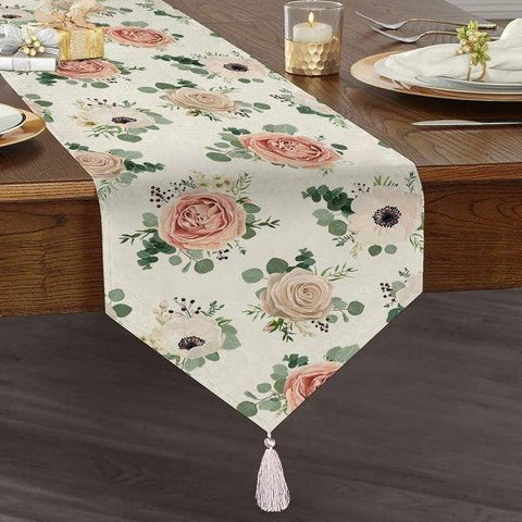 Floral Table Runner|High Quality Triangle Chenille Table Runner |Summer Trend Tabletop|Farmhouse Table|Heartwarming Flowers Tasseled Runner