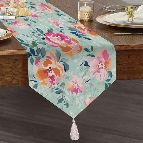 Floral Table Runner| High Quality Triangle Chenille Table Runner| Summer Trend Tabletop|Farmhouse Table|Heartwarming Flowers Tasseled Runner