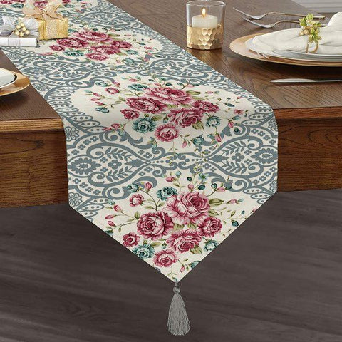Floral Table Runner|High Quality Triangle Chenille Table Runner|Summer Trend Tabletop|Farmhouse Table |Flowers with Patterns Tasseled Runner