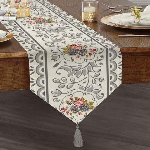 Floral Table Runner|High Quality Triangle Chenille Table Runner|Summer Trend Tabletop|Farmhouse Table |Flowers with Patterns Tasseled Runner