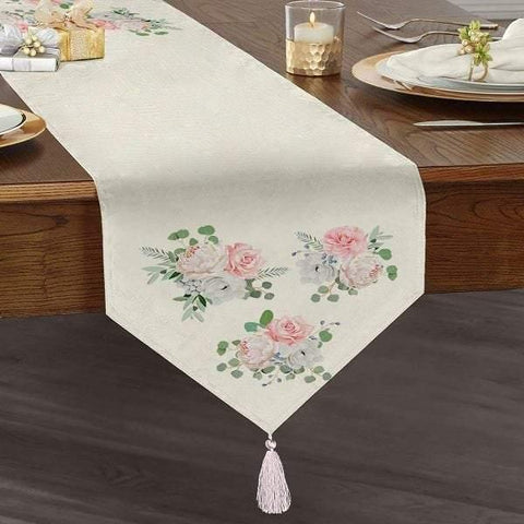 Floral Table Runner|High Quality Triangle Chenille Table Runner| Summer Trend Tabletop|Farmhouse Table|Flowers with Patterns Tasseled Runner