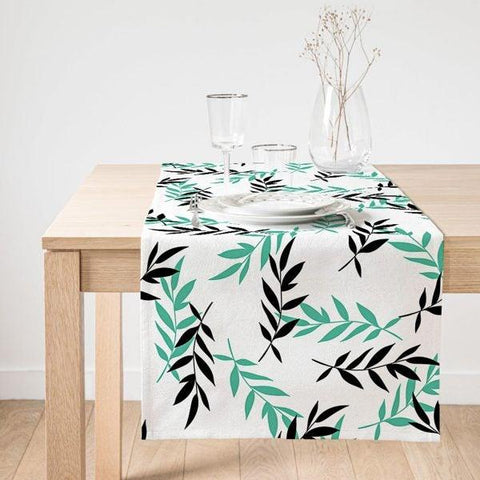 Leaf Table Runner|Black Green and Brown Leaf Drawing Suede Runner|Floral Table Runner|High Quality Table Decor|Plant Drawing Kitchen Decor