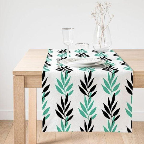 Leaf Table Runner|Floral Table Runner|Black Green and Brown Leaf Drawing Suede Runner|High Quality Table Decor|Plant Drawing Kitchen Decor