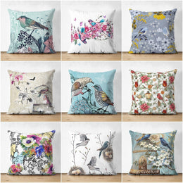Floral Bird Pillow Case|Summer Trend Cushion Case|Bird and Flower Pillow Cover|Decorative Suede Cushion Cover|Digital Print Spring Trend