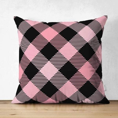 Plaid Pillow Cover|Check Pattern Cushion Case|Geometric Pattern Home Decor|Decorative Pillow Case|Pink and Black Decor|Tartan Chequer Pillow